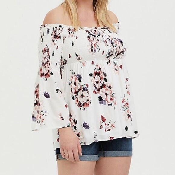 Torrid Floral Babydoll Bell Sleeve Off The Shoulder Lace Up Top Size 1 - Picture 1 of 11